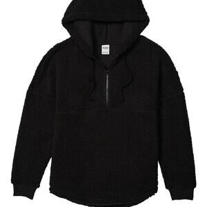 Victoria's Secret PINK Black Varsity Sherpa Half Zip Pullover Hoodie SZ M NWT